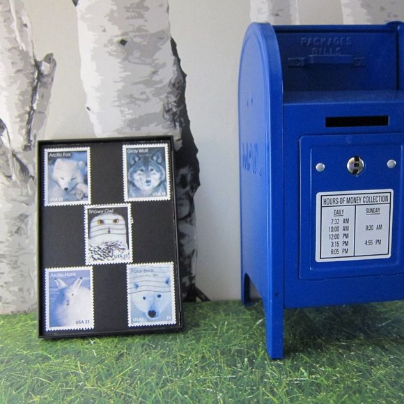 Arctic Animals - Recycled Postage Stamp Framed Art 3.5"x5", Gray Wolf, Arctic Fo - Picture 3 of 3